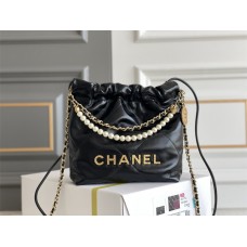 CHANEL 22 Mini Black real leather gold hardware with pearl chain 20x19x6CM (BEST QUALITY REPLICA)
