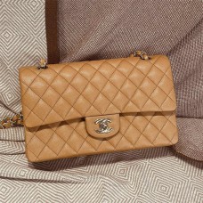 Chanel Classic Flap bag CF 1112A Milk Tea with Small Bead Detail and Light Gold Hardware 2025 new 