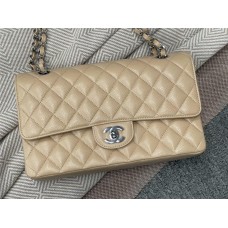 Chanel Classic Flap bag CF 25cm medium cf beige caviar leather silver   1112 25cm Classic Flap, Beige Apricot with Small Bead Detail and Silver Hardware 2025 new 