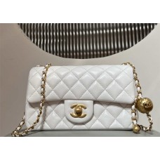 Chanel Classic Flap bag CF Mini with Gold Beads, Original Lambskin, Size 12x20x6cm, White with Aged Gold Hardware 2025 new 