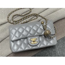Chanel Classic Flap bag CF 20cm cf mini grey lambskin age gold  S1787 20cm Classic Flap with Gold Beads, Grey Lambskin with Aged Gold Hardware 2025 new 