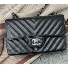 Chanel Classic Flap bag CF 20cm mini cf chevron black little- caviar leather silver 187  V-Quilted Edges, Black with Small Bead Detail and Silver Hardware 2025 new 