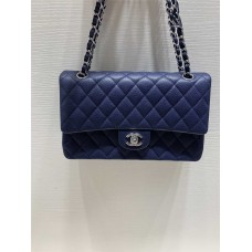 Chanel Classic Flap bag CF Original Leather Grain Caviar, Blue with Silver Hardware 2025 new 