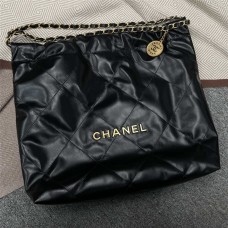 Chanel 22 bag AS3261 22bag 39cm, Black Calfskin with Aged Gold Hardware 2025 new 
