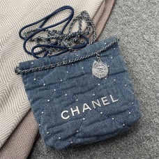 Chanel 22 bag AS3980 Light Blue Denim with Bead Detail and Matte Silver Hardware small 35cm 2025 new 