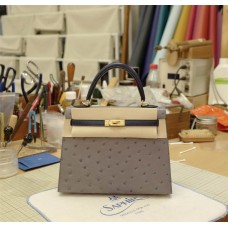 Hermes Kelly 25 | Gris Agate in combination with Bleu Iris | Kkostrich Leather | Brushed Gold Hardware 2025 new 