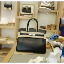Hermes  Birkin 30 | 89Black | Box Leather | And White stitching | Silver Hardware  2025 new 