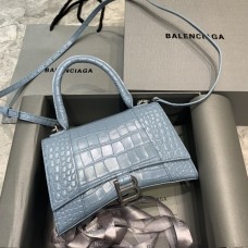 Balenciaga Hourglass Small 23 Croc-Embossed Light Blue Silver Hardware 23x19x24cm