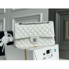 Chanel Classic Flap bag Medium 25 White with silver hardware, Caviar leather, Hass Factory leather, seamless.