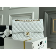Chanel Classic Flap bag Medium 25 White with gold hardware, Caviar leather, Hass Factory leather, edge stitching.