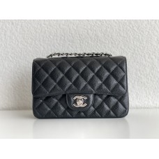Chanel Classic Flap bag Mini 20 Black with silver hardware, Caviar leather, edge stitching.