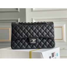 Chanel Classic Flap bag Medium 25 Black with silver hardware, Caviar leather, Hass Factory leather, seamless, black interior.