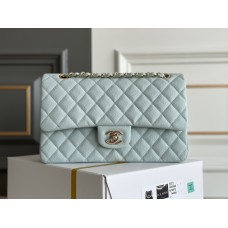 Chanel Classic Flap bag Medium 25 Light Blue with champagne gold hardware, Caviar leather, Hass Factory leather, seamless.