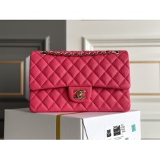 Chanel Classic Flap bag Medium 25 Rose Red with champagne gold hardware, Caviar leather, Hass Factory leather, seamless.