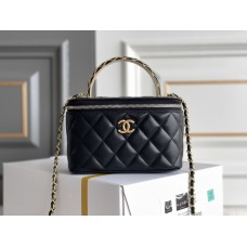 Chanel Vanity Makeup pouch 23A Black with gold hardware, handle, Camellia adjustable buckle, lambskin, 17x10x8cm.