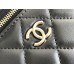 Chanel Vanity Makeup pouch 23A Black with pink interior, handle, Camellia adjustable buckle, lambskin, 17x10x8cm.