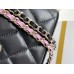 Chanel Vanity Makeup pouch 23A Black with pink interior, handle, Camellia adjustable buckle, lambskin, 17x10x8cm.
