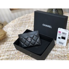 Chanel Classic Card Holder Black with Silver Hardware Lamb Leather Hass Factory leather Red Interior 11x7x1cm