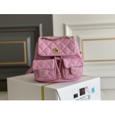 Chanel 23P Vintage Double Pocket Backpack Pink Champagne Gold Hardware Caviar Leather Hass Factory leather 18x17x10cm