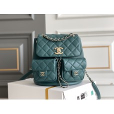 Chanel 23P Vintage Double Pocket Backpack Blue Champagne Gold Hardware Medium Size Caviar Leather Hass Factory leather 21x20x12cm