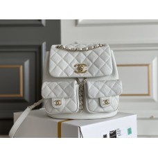 Chanel 23P Vintage Double Pocket Backpack White Champagne Gold Hardware Medium Size Caviar Leather Hass Factory leather 21x20x12cm