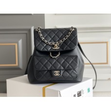 Chanel 23C Duma Backpack Black Champagne Gold Hardware Medium Size Calfskin Leather Hass Factory leather 23x21x13cm