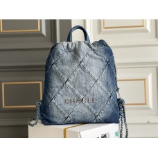 Chanel 23P Chanel 22 Bag Denim Backpack Silver Hardware Silver Hardware Calfskin Leather Hass Factory leather 29x35x11cm