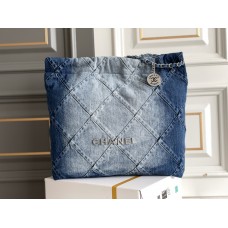 Chanel 23C 22 Bag, medium size, denim fabric, silver-tone hardware, 38x42x8cm
