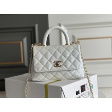 Chanel Classic Coco Handle Mini, 19cm flap bag, white, champagne gold hardware, caviar leather, Hass Factory leather, 13x19x9cm
