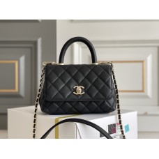 Chanel Classic Coco Handle Mini, 19cm flap bag, black, with stitched edges, champagne gold hardware, caviar leather, Hass Factory leather, 13x19x9cm
