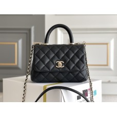 Chanel Classic Coco Handle Mini, 19cm flap bag, black, without stitched edges, champagne gold hardware, caviar leather, Hass Factory leather, 13x19x9cm