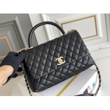 Chanel Classic Coco Handle, medium size 29cm flap bag, black, without stitched edges, champagne gold hardware, caviar leather, Hass Factory leather, 29x18x12cm