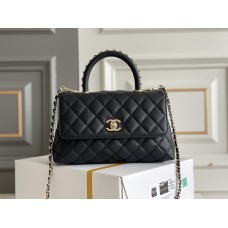 Chanel 23A Coco Handle, small size 24cm flap bag, black, with stitched edges, champagne gold hardware, caviar leather, Hass Factory leather, 24x14x10cm