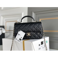 Chanel 21P Classic Flap Bag Mini 20 with Top Handle, Lambskin Leather in Black, Champagne Gold Hardware, Hass Factory Leather, Dimensions: 20x13x9cm.