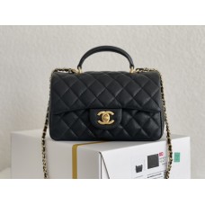 Chanel 21P Classic Flap Bag Mini 20 with Top Handle, Incas Calfskin with Sesame Pattern in Black, Gold Hardware, Hass Factory Leather, Dimensions: 20x13x9cm.