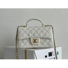Chanel 21P Classic Flap Bag Mini 20 with Top Handle, Incas Calfskin with Sesame Pattern in White, Gold Hardware, Hass Factory Leather, Dimensions: 20x13x9cm.