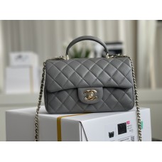 Chanel 22A Classic Flap Bag Mini 20 with Top Handle, Lambskin Leather in Gray, Champagne Gold Hardware, Hass Factory Leather, Dimensions: 20x12x9cm.