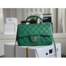 Chanel 22A Classic Flap Bag Mini 20 with Top Handle, Lambskin Leather in Green, Champagne Gold Hardware, Hass Factory Leather, Dimensions: 20x12x9cm.