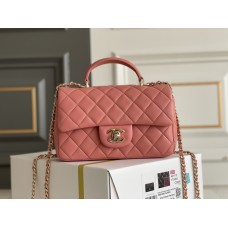 Chanel 22A Classic Flap Bag Mini 20 with Top Handle, Lambskin Leather in Pink, Champagne Gold Hardware, Hass Factory Leather, Dimensions: 20x12x9cm.