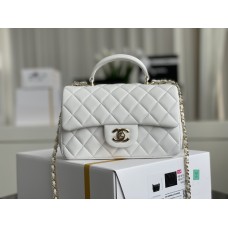 Chanel 22A Classic Flap Bag Mini 20 with Top Handle, Lambskin Leather in White, Champagne Gold Hardware, Hass Factory Leather, Dimensions: 20x12x9cm.