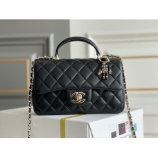 Chanel 22P Classic Flap Bag Mini 20 with Top Handle, Lambskin Leather in Black, Champagne Gold Hardware, Hass Factory Leather, Dimensions: 20x12x9cm.