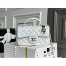 Chanel 22P Classic Flap Bag Mini 20 with Top Handle, Lambskin Leather in White, Champagne Gold Hardware, Hass Factory Leather, Dimensions: 20x12x9cm.