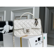 Chanel 22P Classic Flap Bag Mini 20 with Top Handle, Calfskin Leather in White, Champagne Gold Hardware, Hass Factory Leather, Dimensions: 20x12x9cm.