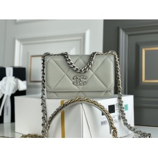 Chanel 19 WOC (Wallet on Chain) in Lambskin Leather, Gray, Silver Hardware, Hass Factory Leather, Dimensions: 20x18x9cm.