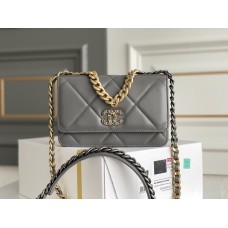 Chanel 19 WOC (Wallet on Chain) in Lambskin Leather, Dark Gray, Gold Hardware, Hass Factory Leather, Dimensions: 20x18x9cm.