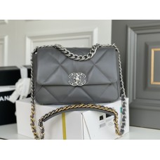 Chanel 19 Bag 22S in Gray with Silver Hardware, Small 26, Lambskin Leather, Hass Factory Leather, 26x16x9cm.