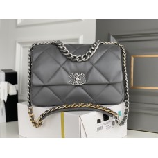 Chanel 19 Bag 22S in Gray with Silver Hardware, Medium 30, Lambskin Leather, Hass Factory Leather, 30x20x10cm.