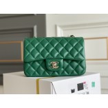 Chanel Classic Flap bag Mini 20 Green Champagne Gold Hardware Lambskin Hass Factory leather 13x20x6cm