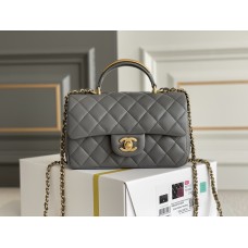 Chanel 22B Classic Flap bag Mini 20 with Handle Gray Gold Hardware Lambskin Hass Factory leather 12x20x6cm