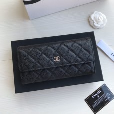 Chanel Classic Wallet Long Flat Cover 19cm Black Silver Hardware Caviar Leather Hass Factory leather 11x19x3cm